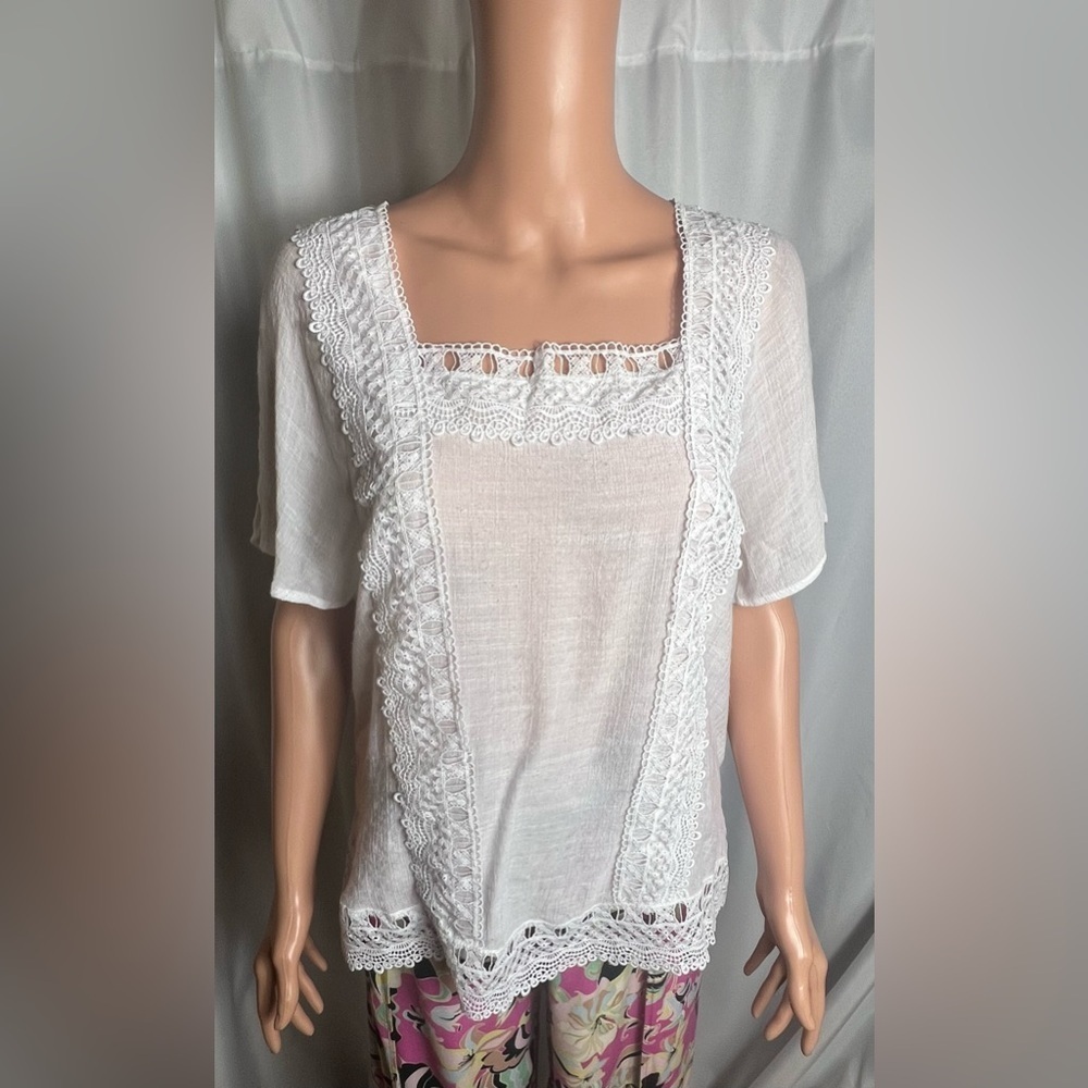 Zac & Rachel White Size M Linen Crochet Lace Bohemian 3/4 Sleeve Blouse